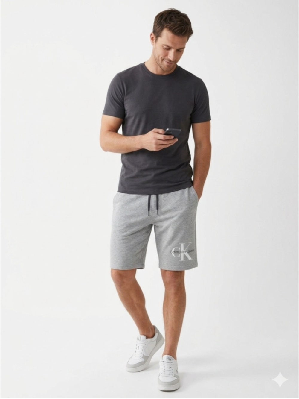 Calvin Klein Jeans Grey Fleece Shorts Monogram Graphic Logo Drawstring XS - 944